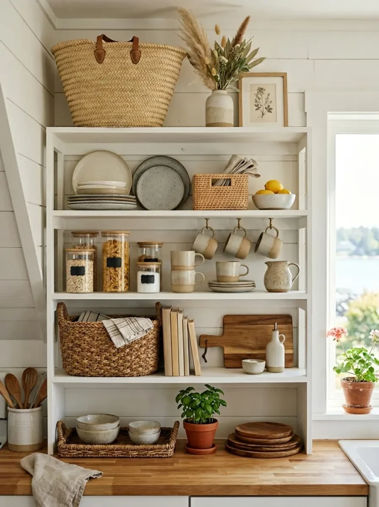 Organized open shelving with ceramics, baskets, and neutral coastal decor.