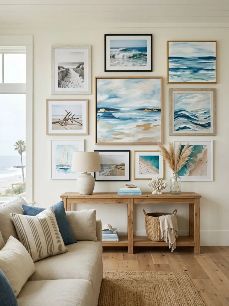 Coastal gallery wall featuring abstract seascapes, watercolor paintings, and beach photography.