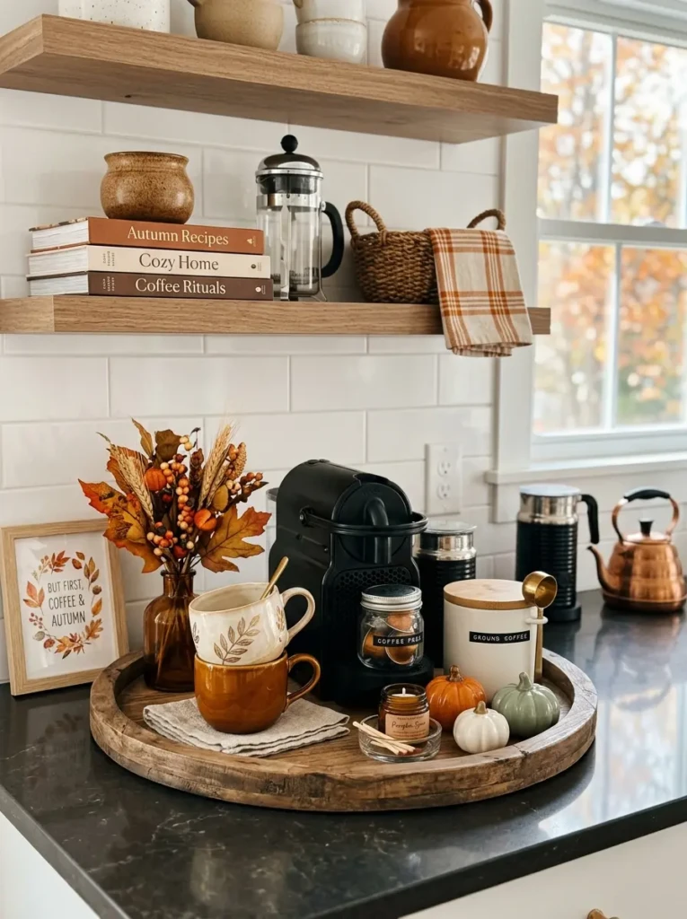 Organized coffee setup displayed on a decorative tray with autumn accents.