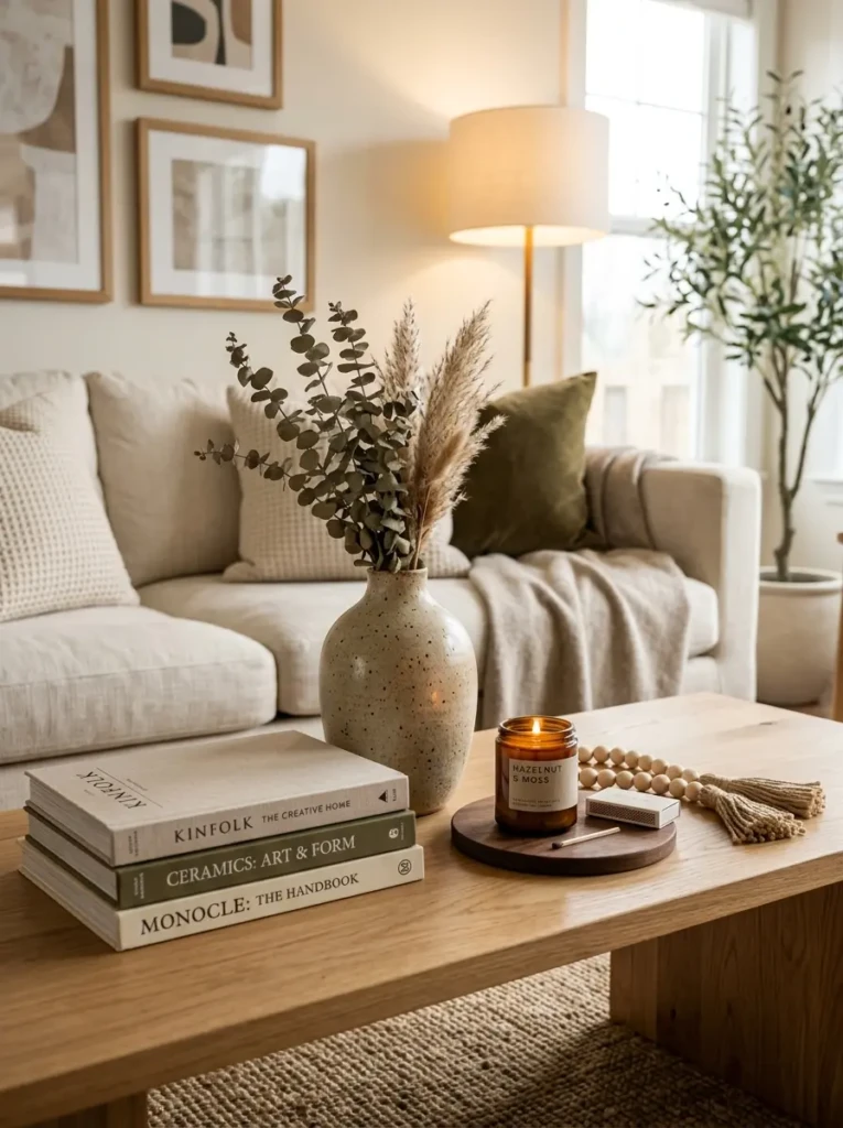 Stylish coffee table arrangement featuring curated decor pieces and neutral accessories.