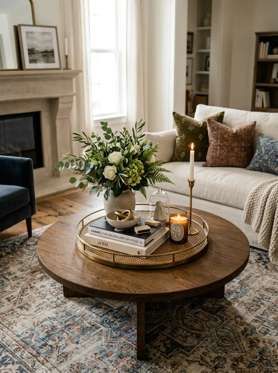 Elegant round coffee table decorated with books, greenery, candles, and layered accessories.