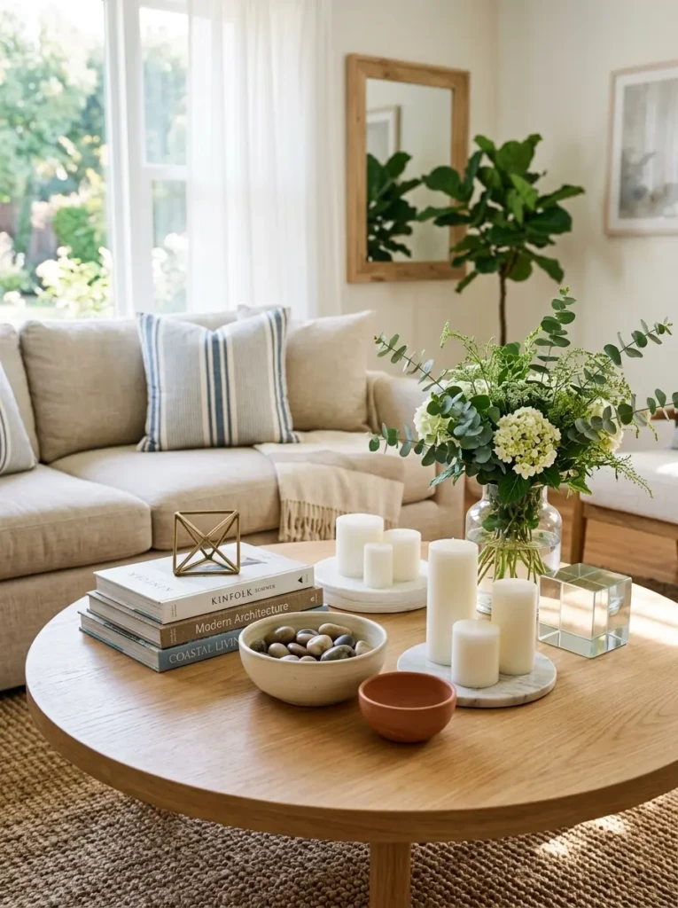 Modern coffee table arrangement featuring round bowls and geometric decor pieces.