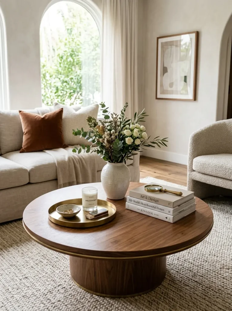 Elegant round coffee table showcasing the classic rule of three design principle.