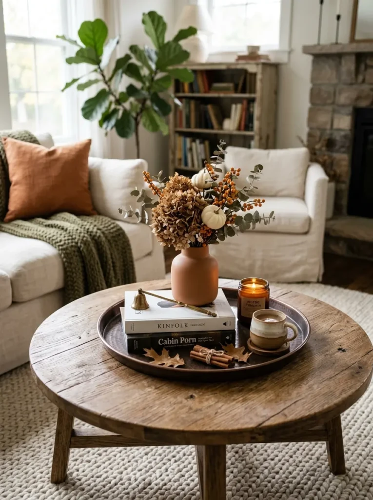Beautiful seasonal decorations displayed on a stylish round coffee table.