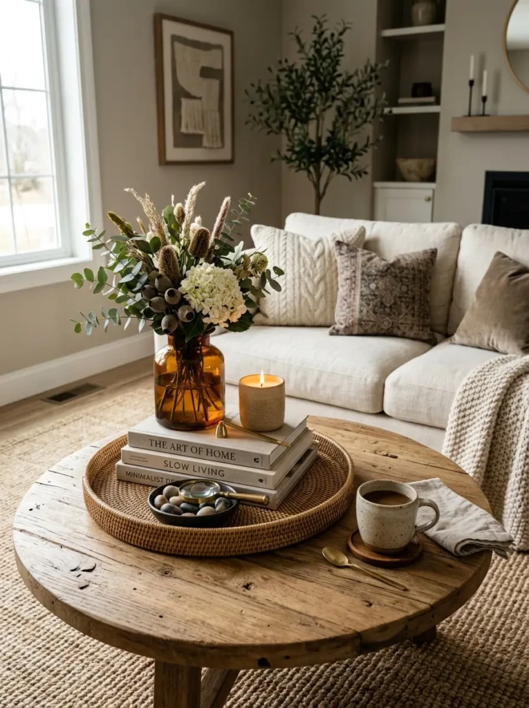 Warm and inviting round coffee table decorated with rich layered textures.