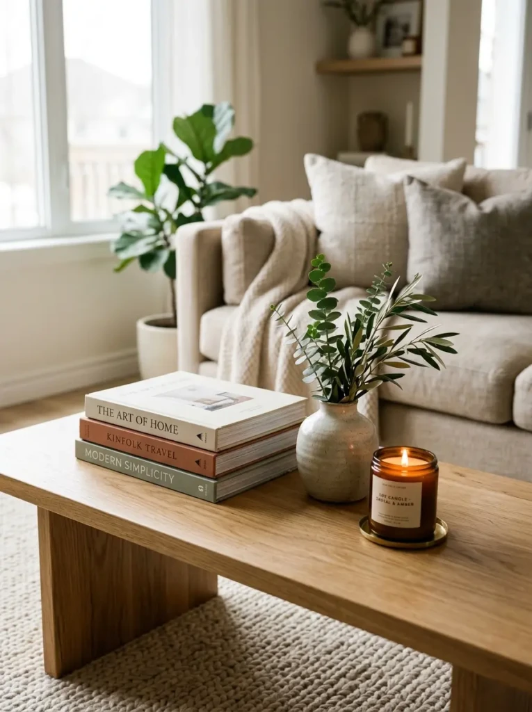 Decorative books, greenery, and a candle arranged together on a stylish living room coffee table.