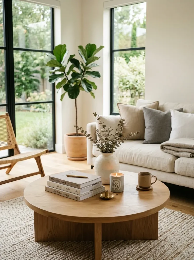Minimalist coffee table decor creating a calm and spacious atmosphere.