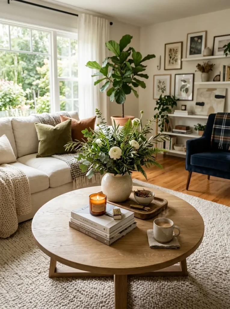 Cozy living room featuring lush greenery on a beautifully styled coffee table.