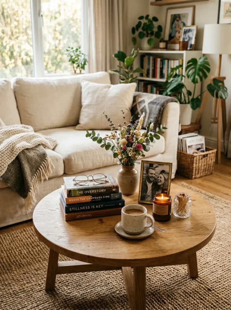 Cozy round coffee table decorated with unique and meaningful accessories.