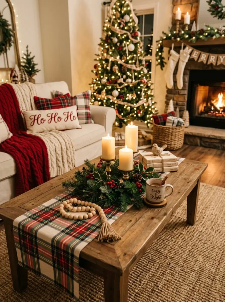 Festive coffee table featuring plaid fabric, candles, greenery, and cozy winter-inspired Christmas styling.
