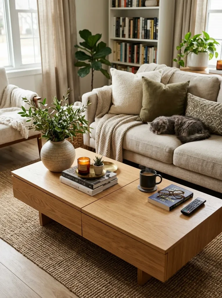 Well-balanced coffee table with decorative accents and practical space for everyday living.