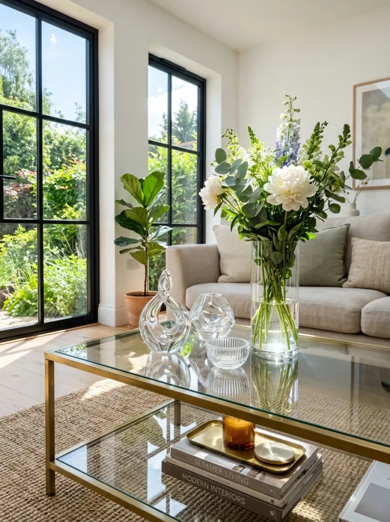 Coffee table featuring glass vases and decorative accents reflecting natural sunlight.