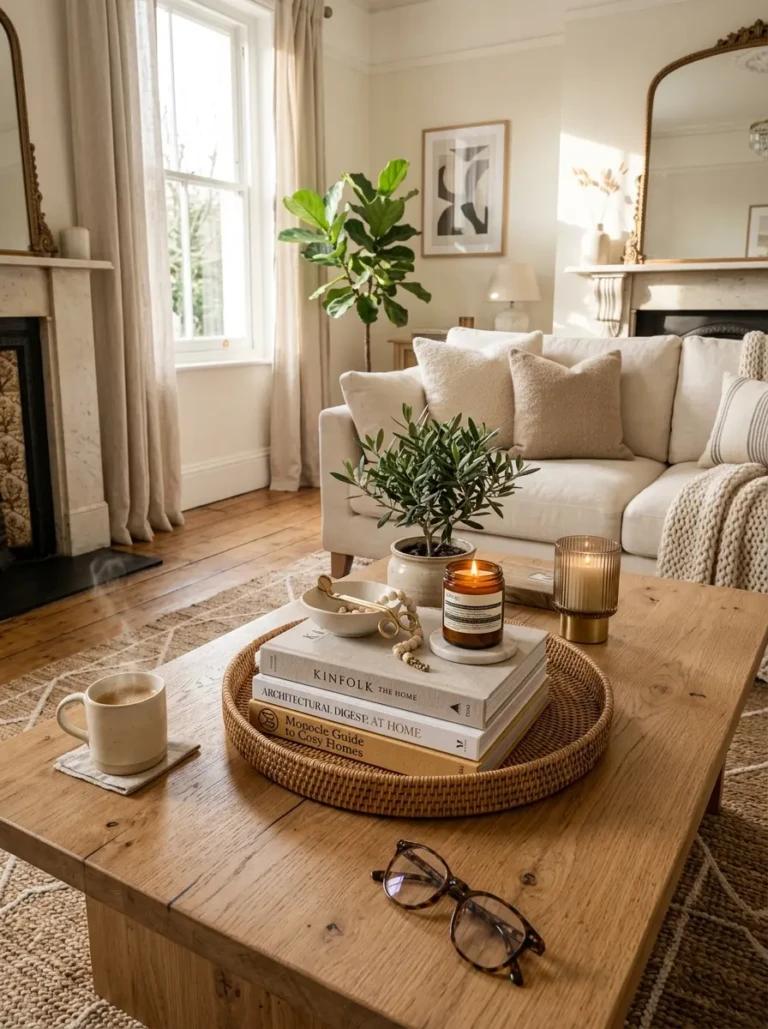Beautifully styled coffee table with books, candles, greenery, and warm natural light in a cozy modern living room.