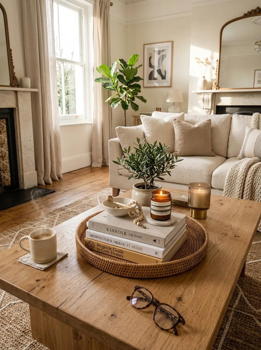 Beautifully styled coffee table with books, candles, greenery, and warm natural light in a cozy modern living room.