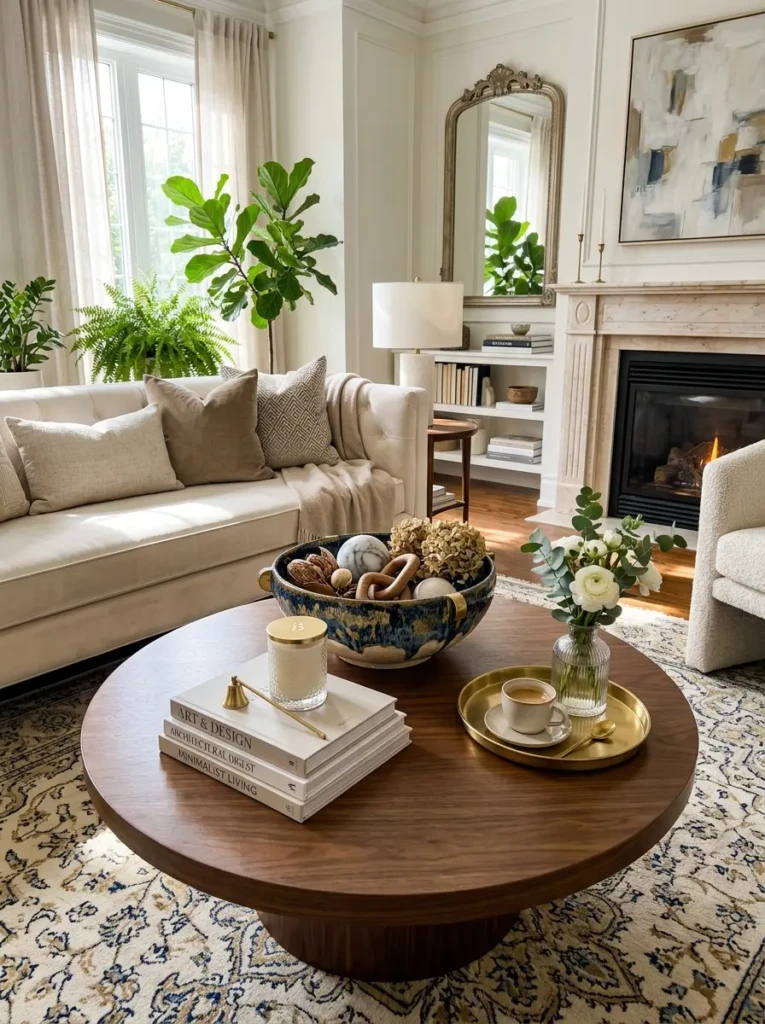 Decorative bowl creating a polished and elegant coffee table arrangement.