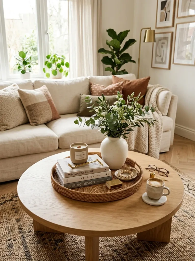 Beautifully organized round coffee table featuring a decorative tray and layered decor.