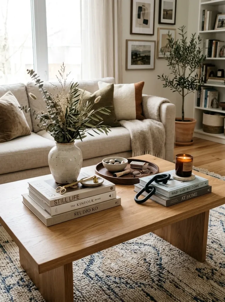 Balanced coffee table styling with decorative items placed at multiple levels.