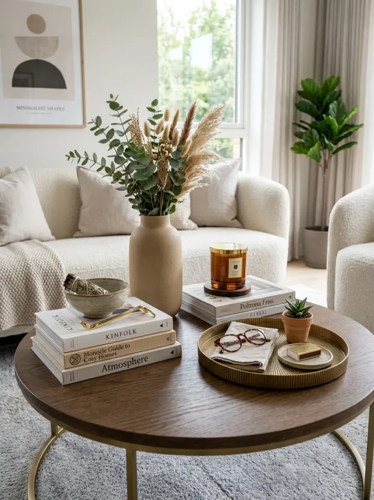 Modern coffee table with layered textures and balanced decorative elements.