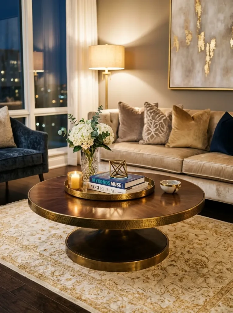 Sophisticated round coffee table with metallic accessories reflecting warm light.