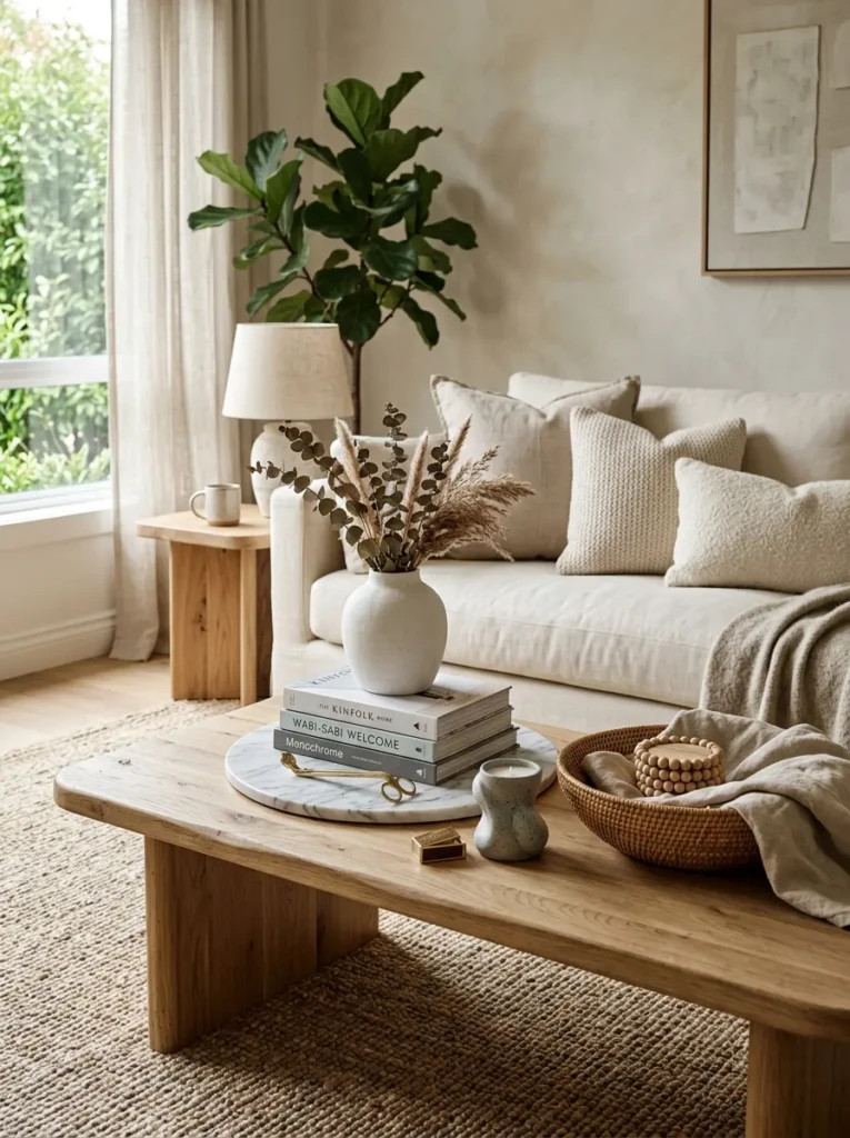 Coffee table styled with marble, wood, ceramic, linen, and woven textures for added depth.