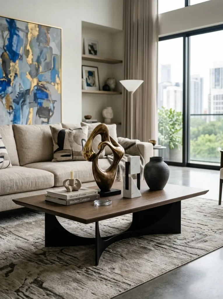 Abstract sculptural objects displayed on a modern coffee table in an elegant living room.