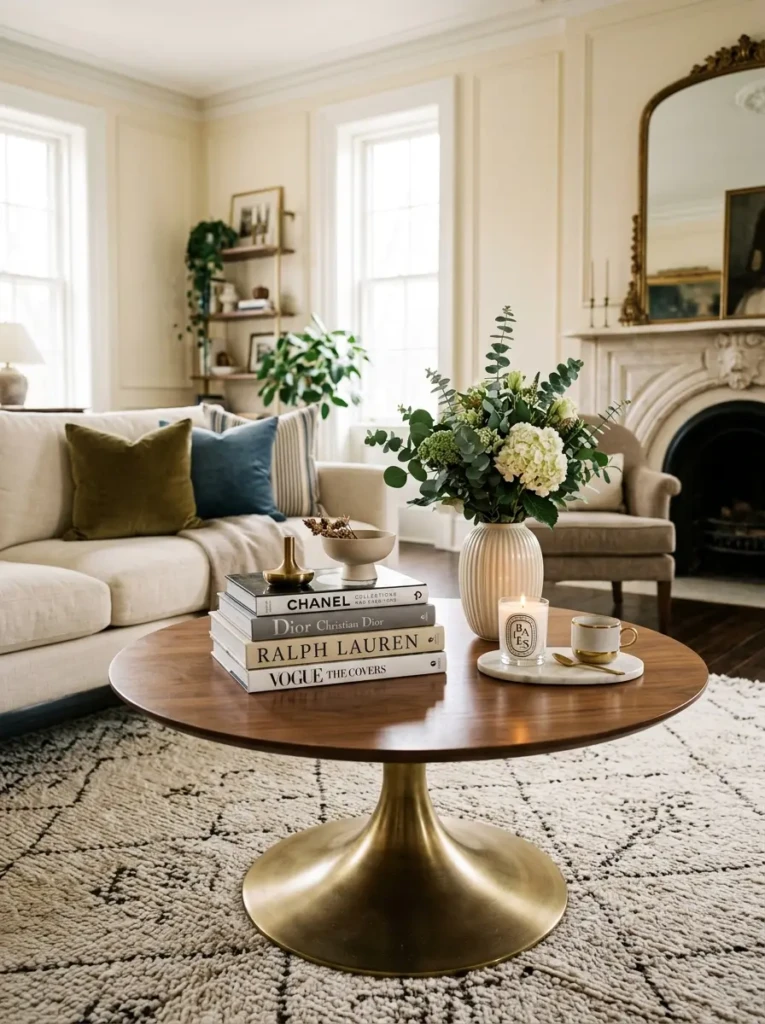 Sophisticated round coffee table featuring curated books and luxury decor pieces.