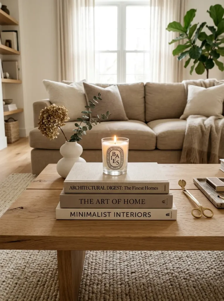 Stacked decorative coffee table books with a candle on top in a cozy modern living room.