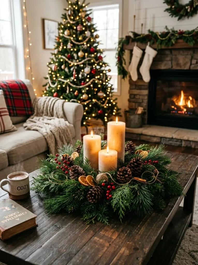 Wooden coffee table decorated with pillar candles, fresh pine branches, pinecones, and festive holiday accents.