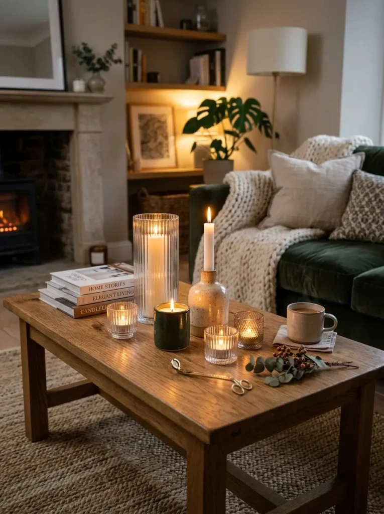 Grouped candles in glass and ceramic holders creating a cozy coffee table centerpiece.