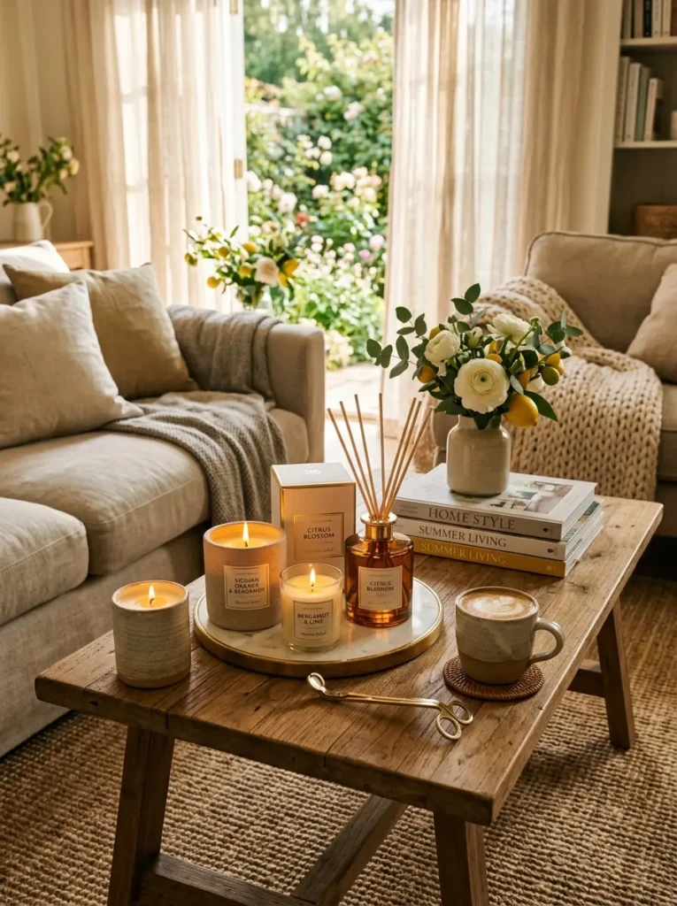 Elegant candles and diffuser arranged on a coffee table for a fresh summer atmosphere.