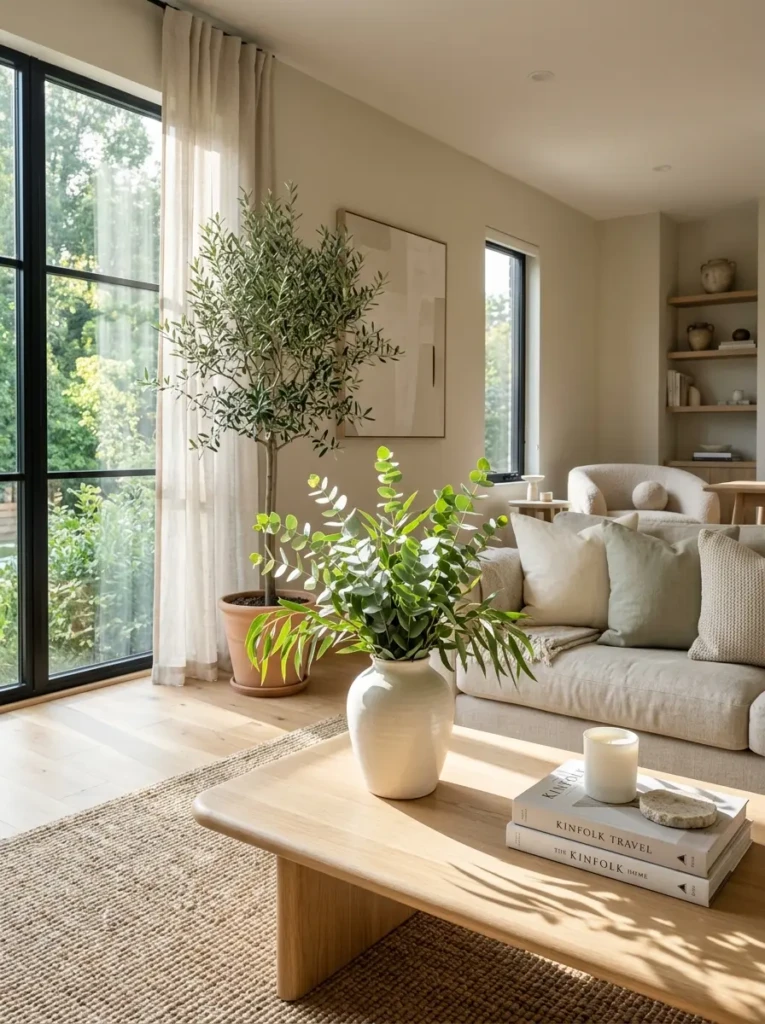 Ceramic vase with eucalyptus stems displayed on a bright and inviting coffee table.