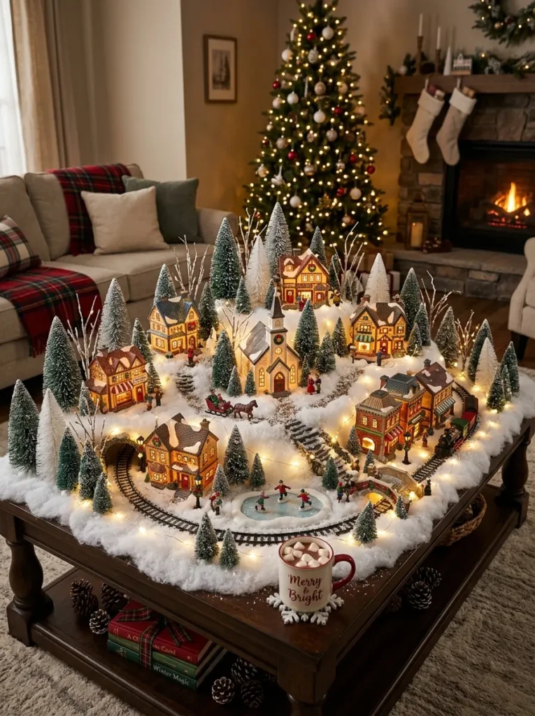 Mini ceramic Christmas village with glowing houses, faux snow, and fairy lights on a festive coffee table.