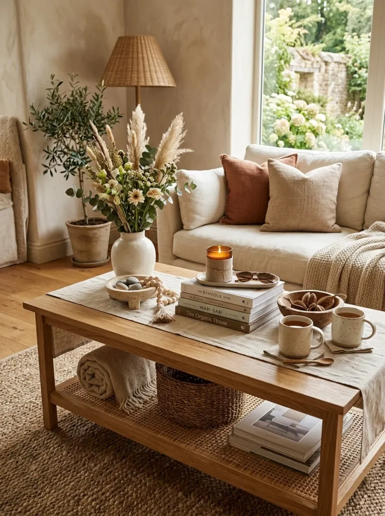 Summer coffee table featuring rattan, linen, wood, and ceramic decorative accents.