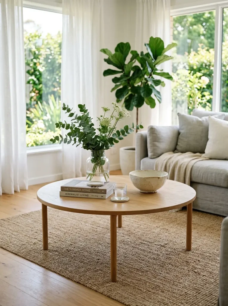 Balanced coffee table arrangement featuring decorative and practical elements.