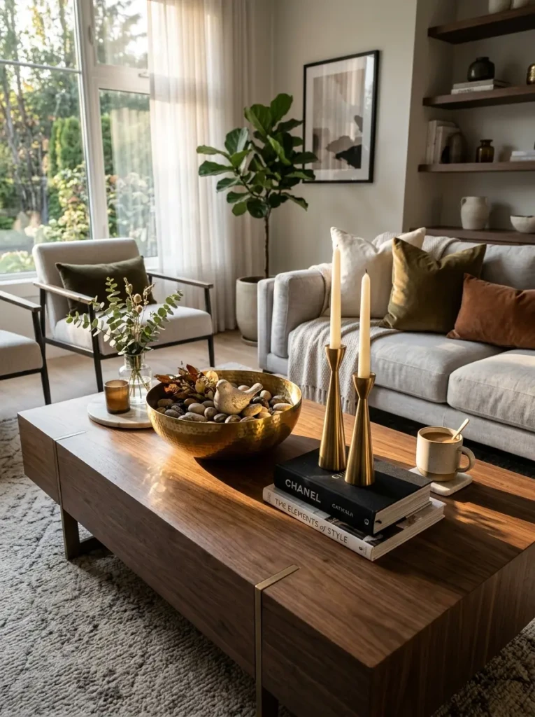 Brass and metallic decorative accessories adding elegance to a modern coffee table display.