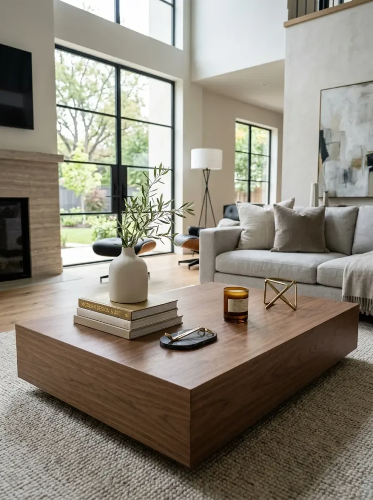 Uncluttered coffee table featuring a few refined decorative accessories.