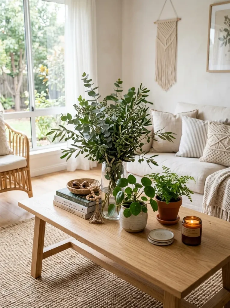Coffee table decorated with eucalyptus, greenery, and natural botanical elements.