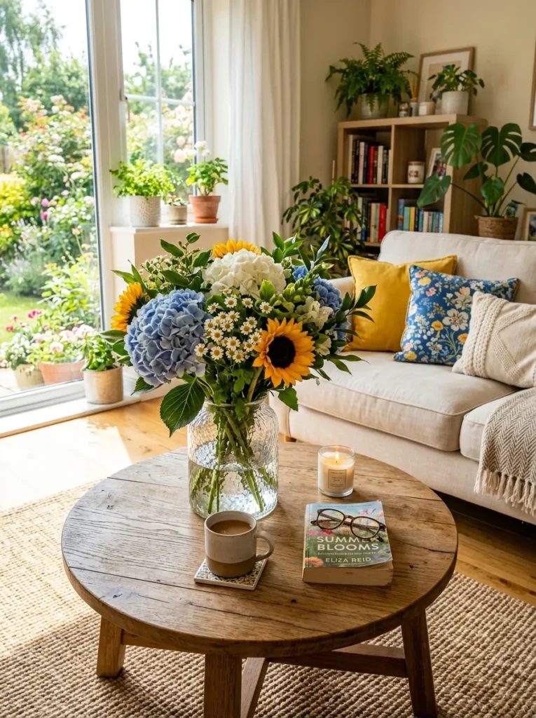 Coffee table decorated with seasonal flowers in a glass vase creating a bright summer look.