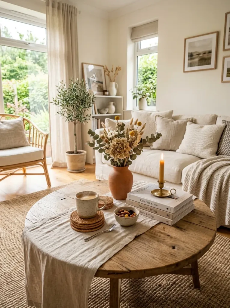 Summer coffee table styled with linen runner and woven coasters for added texture.