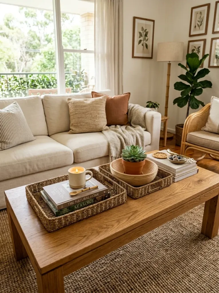 Natural woven decor pieces styled on tables and shelves in a summer living room.