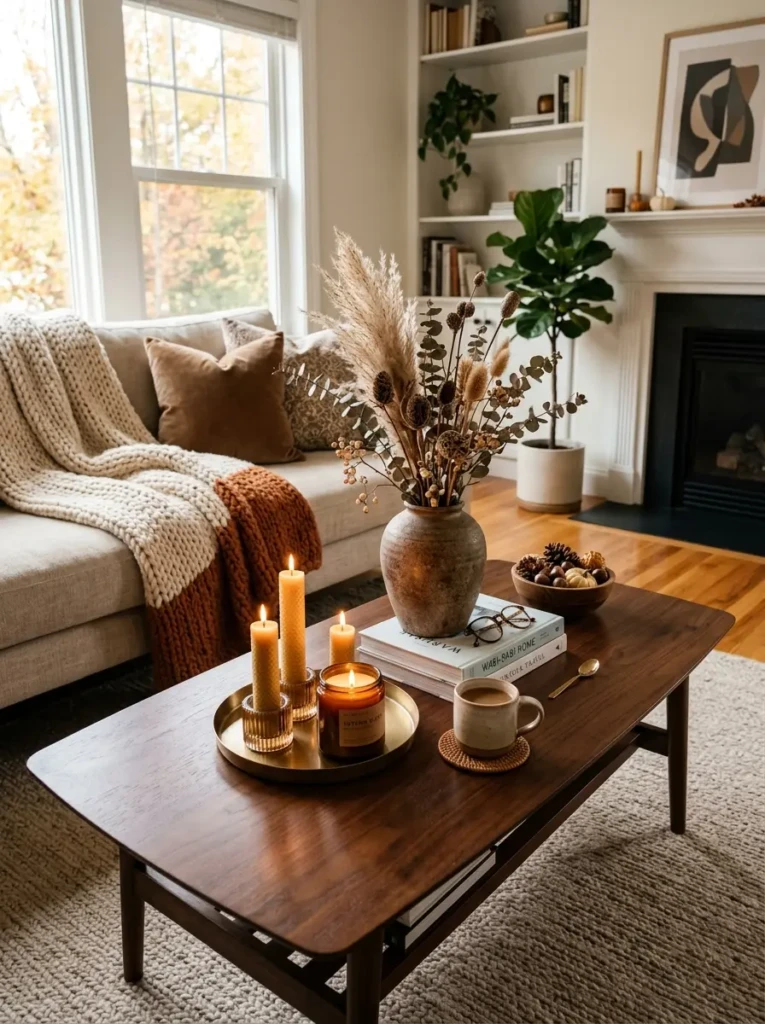 Coffee table decorated with seasonal accents, candles, and natural textures in a cozy living room.