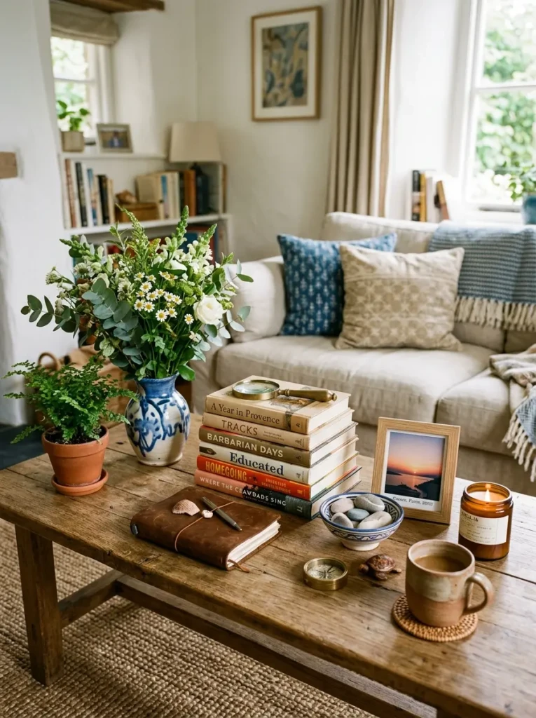 Curated coffee table featuring books, greenery, and meaningful decorative accessories.
