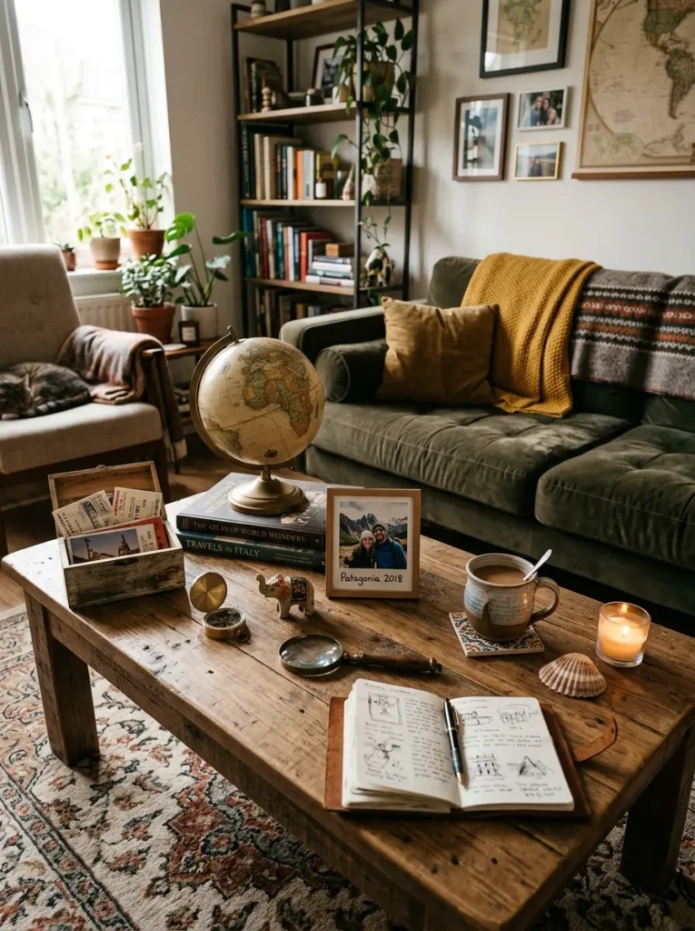 Coffee table featuring travel souvenirs and cherished keepsakes in a cozy living room.