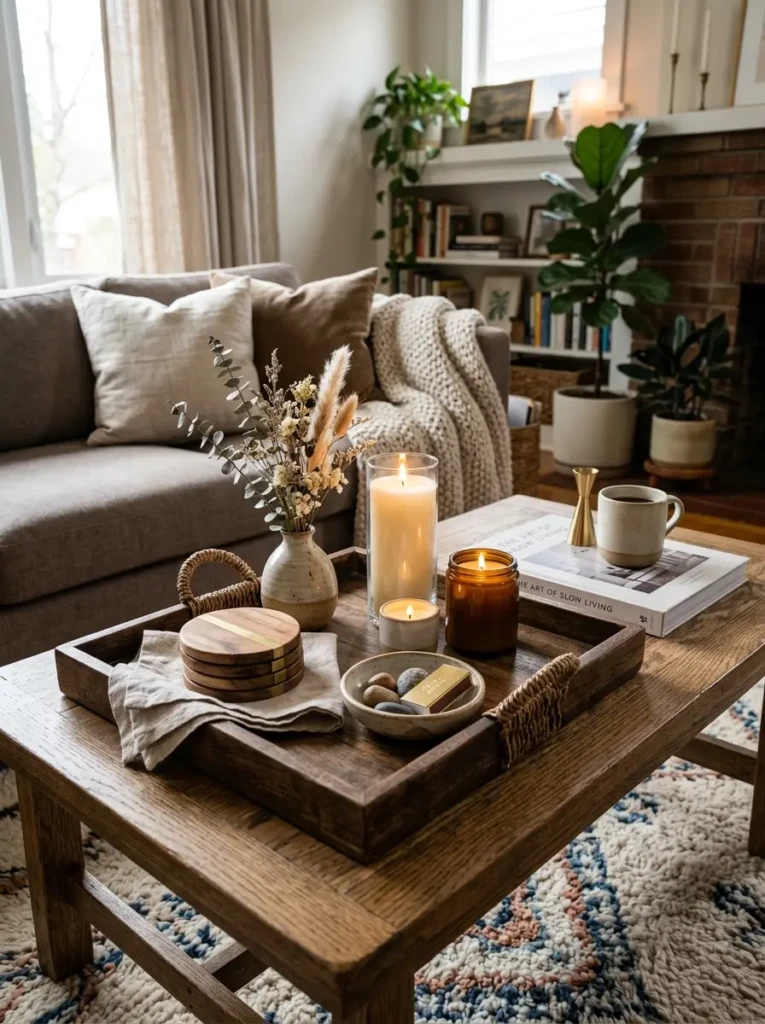 Wooden tray holding candles and decorative accents on a beautifully styled living room coffee table.