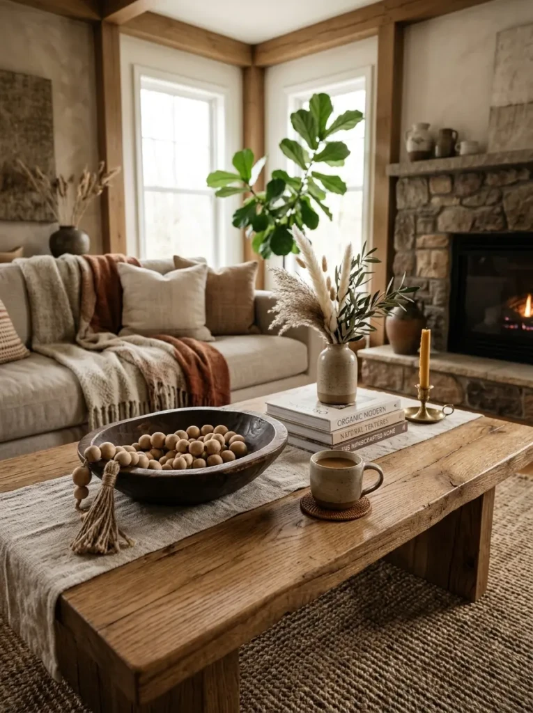 Wooden bowl and natural decor accessories styled on a warm and inviting coffee table.