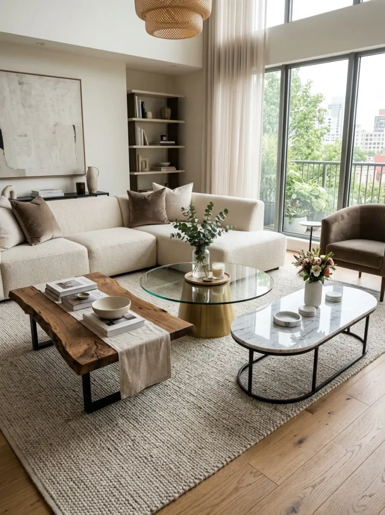 Collection of wood, marble, and glass coffee tables displayed in stylish interiors.