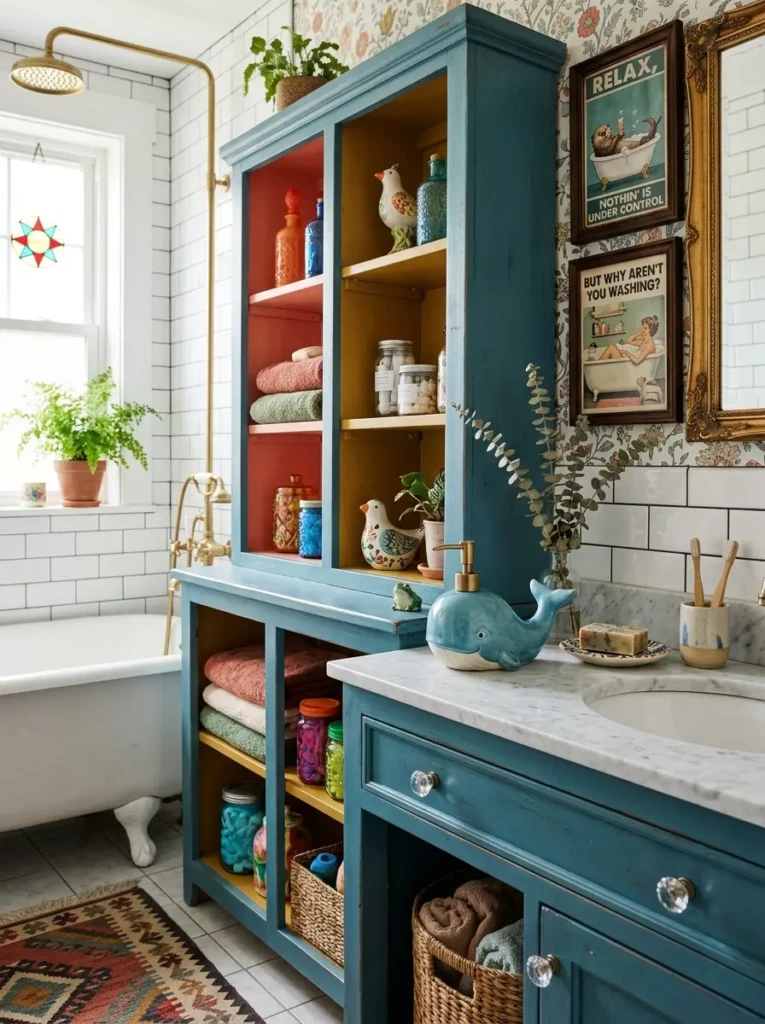 Bathroom with colorful cabinet interiors, unique accessories, and whimsical styling.