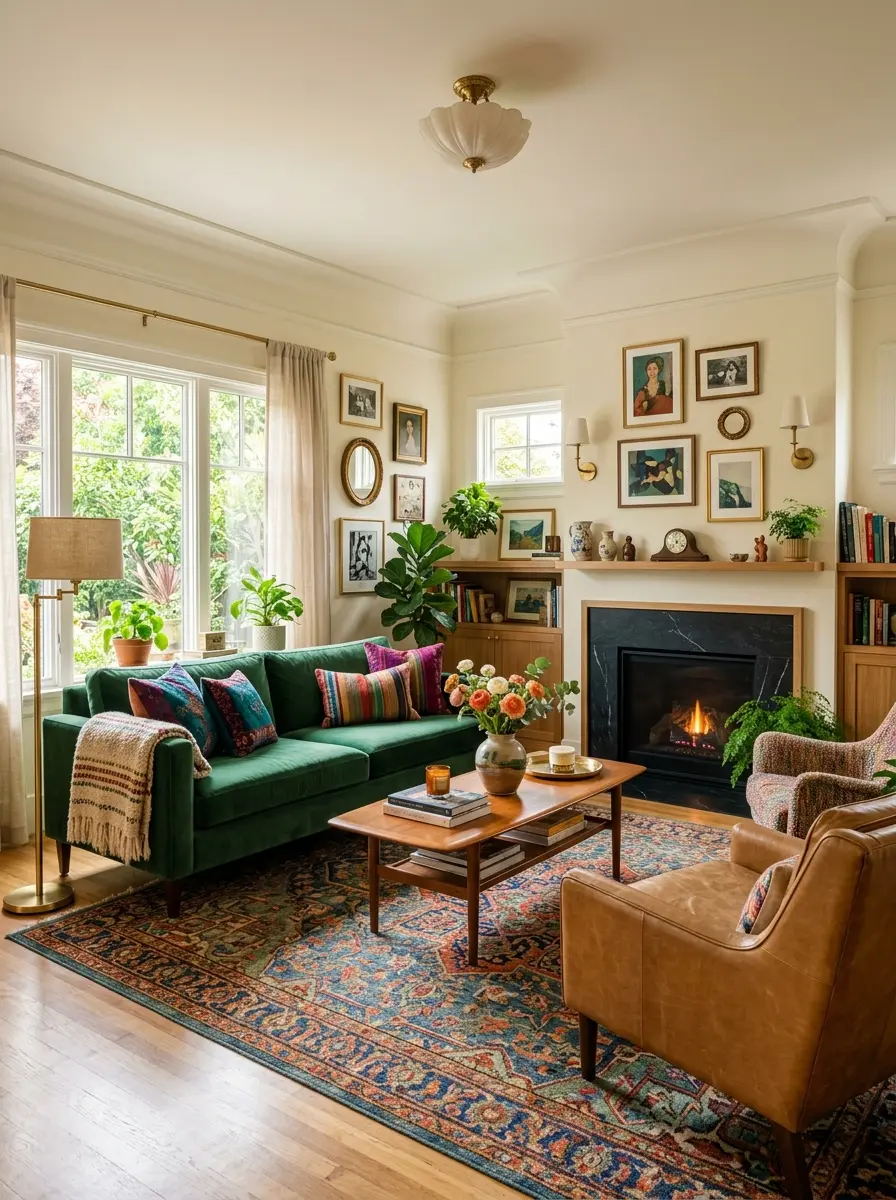 Warm colorful aesthetic living room with soft textures, personal decor, and comfortable seating.