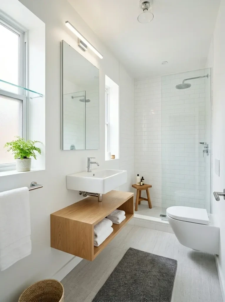 Compact bathroom with a wall-mounted sink, floating vanity, large mirror, and bright airy design.