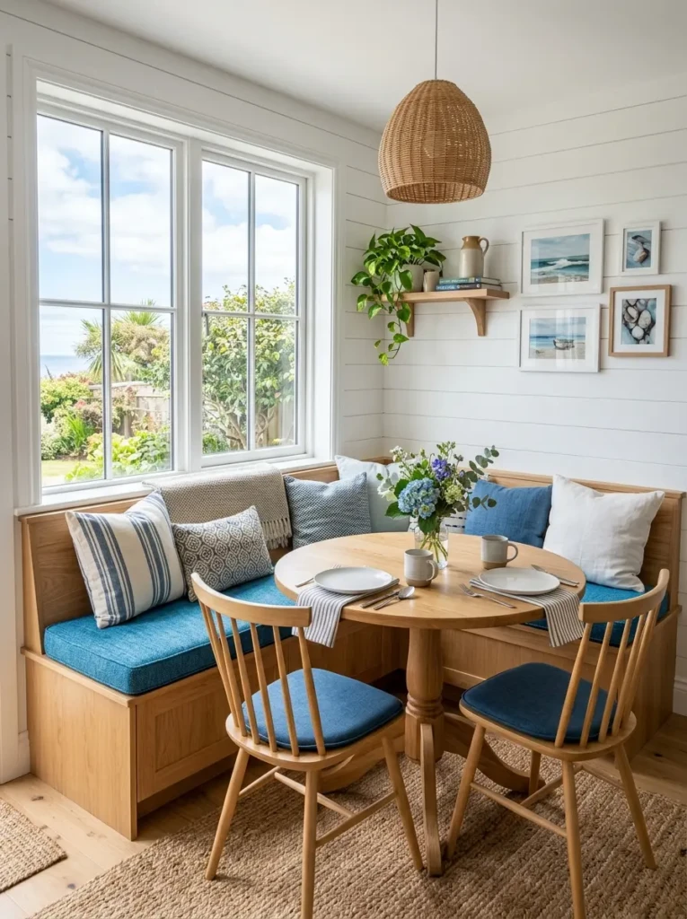 Compact breakfast nook featuring built-in seating and soft coastal-colored cushions.